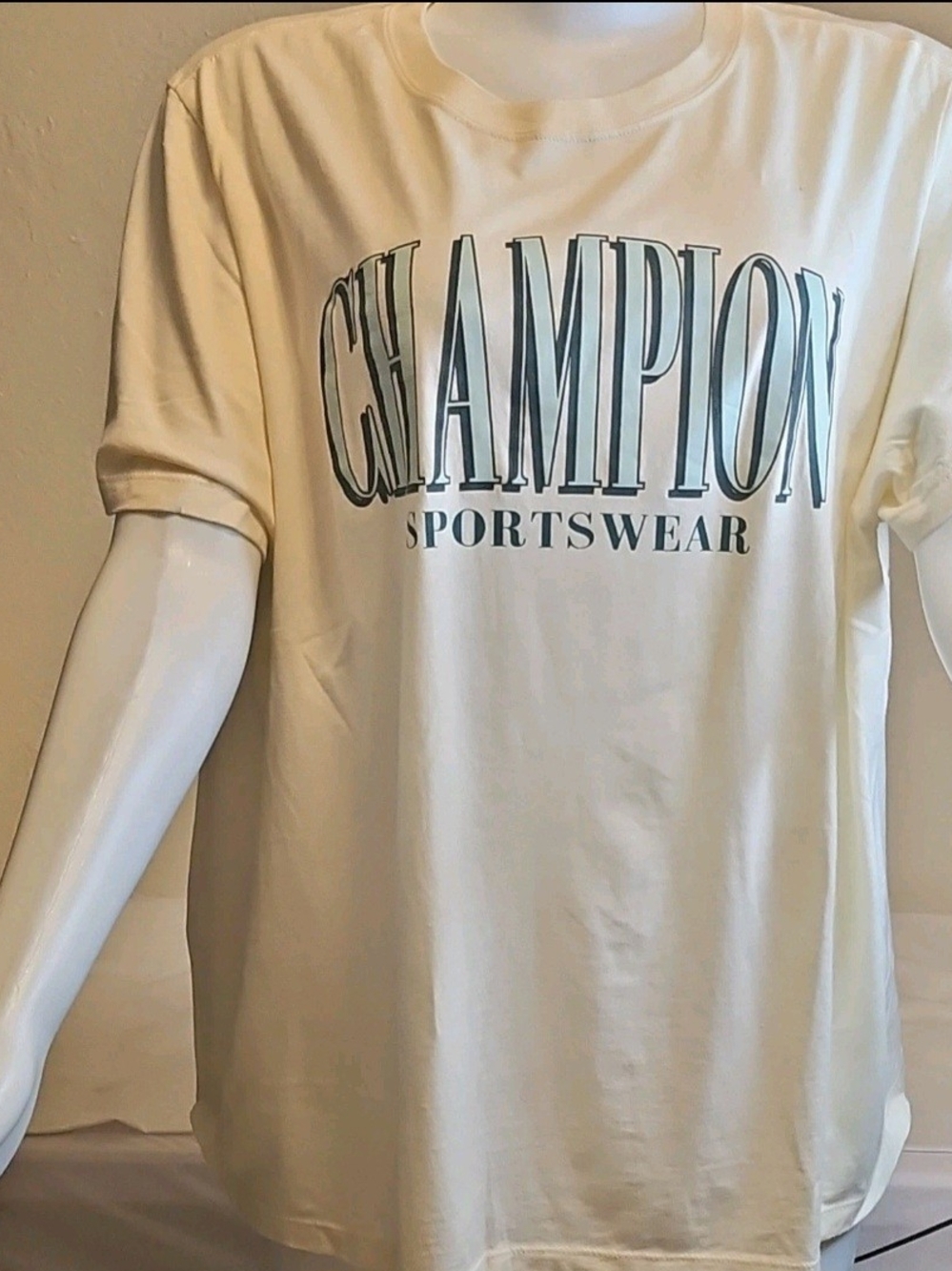 Champion Cream Hoodie with Red & Black Logo